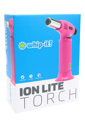 Ion Lite torch vivid pink colorway on box; small portable torch lighter with metal tip, angled front.