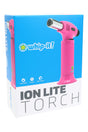 Ion Lite torch vivid pink colorway on box; small portable torch lighter with metal tip, angled front.