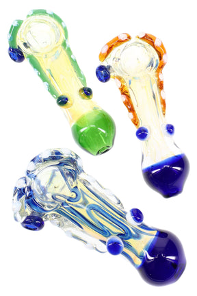 4–5″ color-changing striped glass spoon pipe with raised marble grip dots and rounded color cap, shown in assorted hues.
