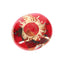 2-inch round ceramic smoke stone hand pipe in cherry red with gold sun design and glossy glaze.