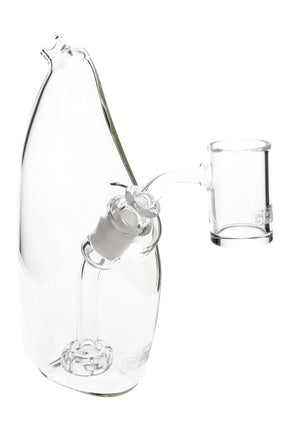 Compact 6.75-inch GRAV Rain Showerhead dab rig in clear borosilicate with fixed 8-hole perc, 14 mm female joint, and included 45° quartz banger, front view.