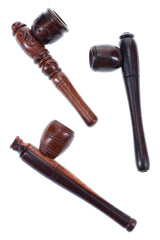 Three assorted carved wood hand pipes in different shapes and finishes arranged diagonally on a clean white background.