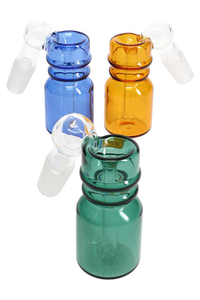 Compact colored glass 45° ash catcher with 14.5 mm male frosted joint and bottle-shaped chamber, shown in blue, amber, and green.