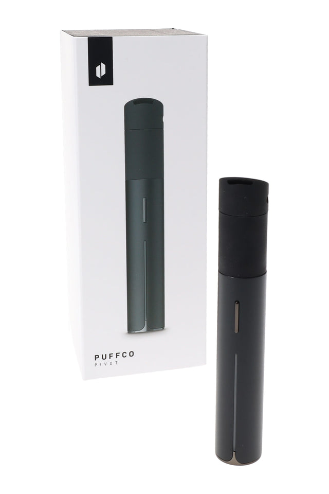 Puffco Pivot portable concentrate vaporizer standing next to retail box, pen-style body with slim status light and single-button control.