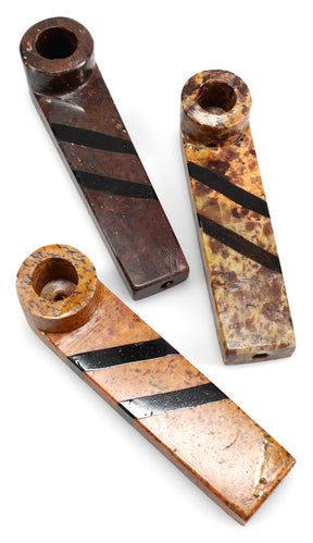 Compact 3½-inch marble stone hand pipes with black diagonal stripes, rectangular bodies and round bowls, shown in assorted natural colors.