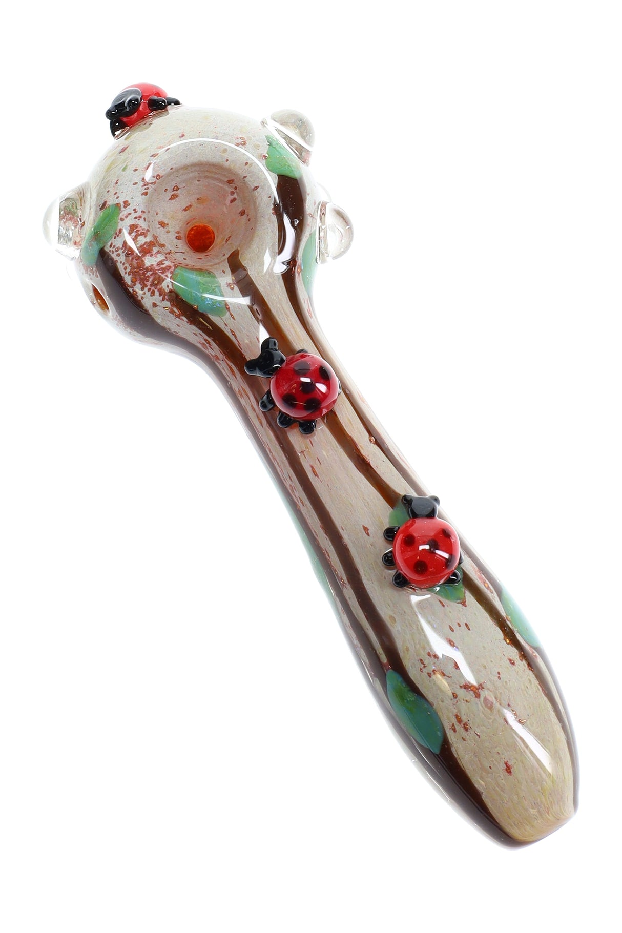 Top-down ladybug glass hand pipe with speckled bowl, green swirls, clear marbles, and red bug accents