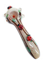 Top-down ladybug glass hand pipe with speckled bowl, green swirls, clear marbles, and red bug accents