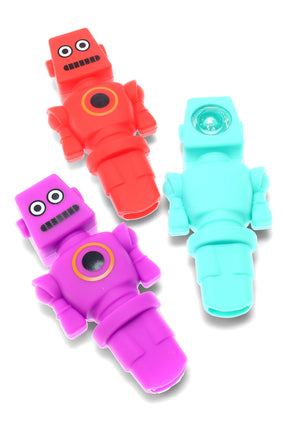 Bright silicone robot hand pipe with removable glass bowl, about 4.5 inches long, shown in assorted red, teal, and purple colors.