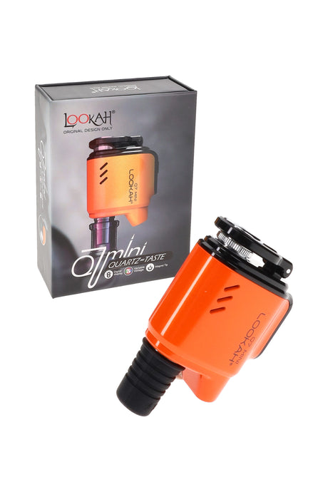 Orange Lookah Q7 Mini electric banger with flip-cap and on-screen battery icon, compatible with 14–18 mm pipes.