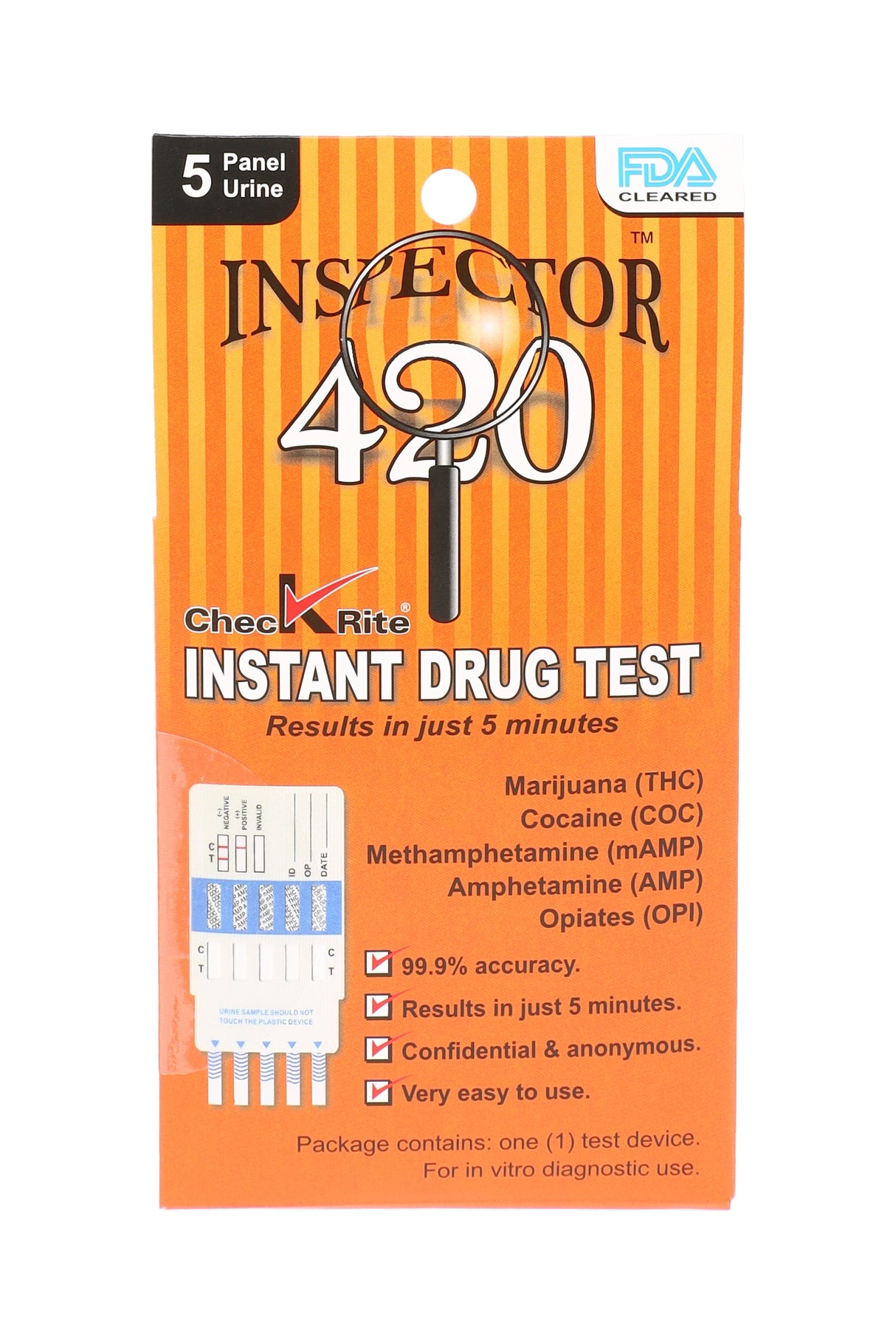 Inspector 420 5-panel urine drug test retail pack showing THC, COC, mAMP, AMP and OPI screens with five-minute results and FDA-cleared badge.
