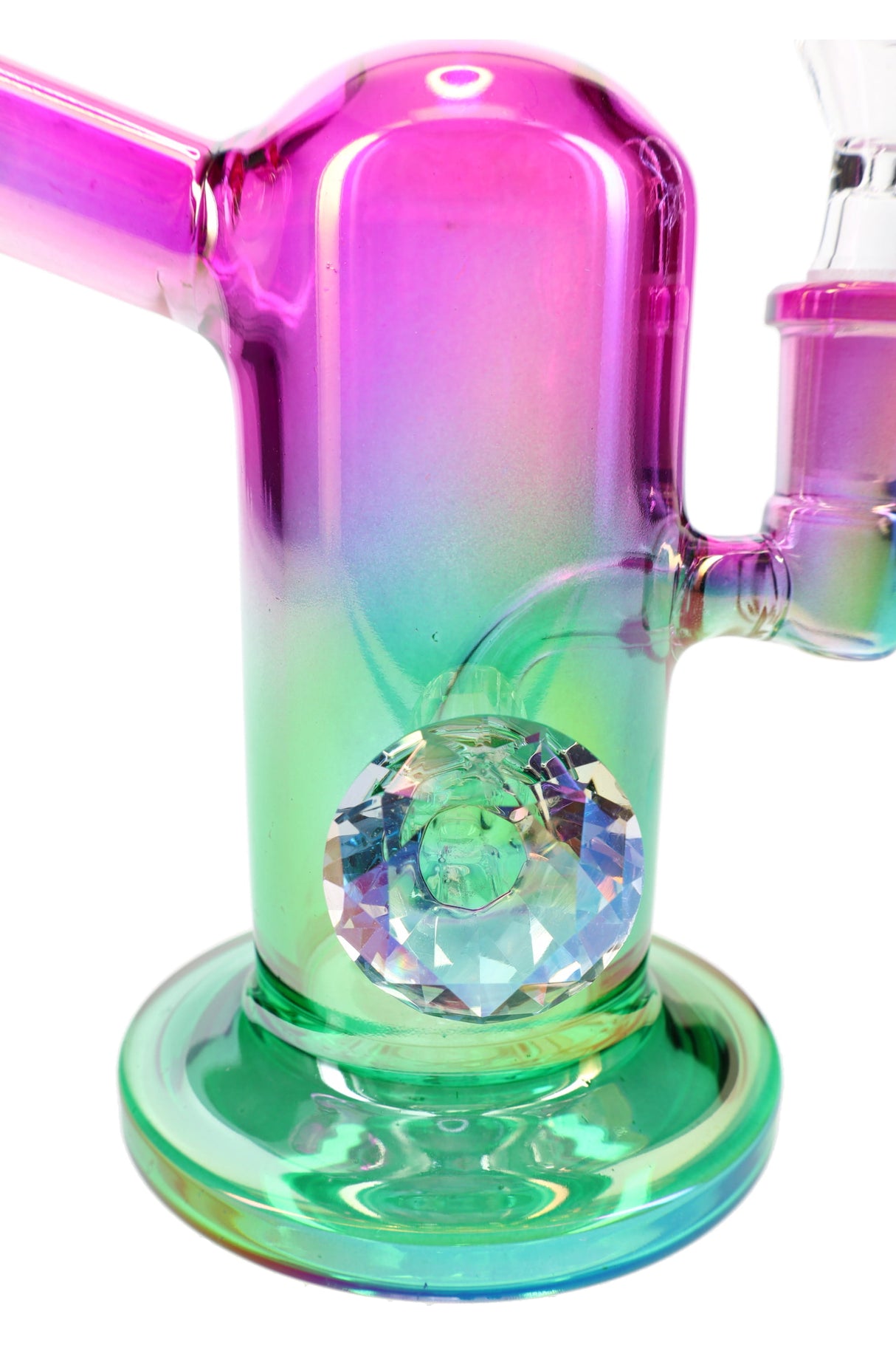 Close-up of purple-to-green metallic glass bong body showing the faceted jewel grip on the side.