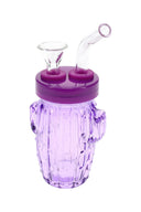 Purple 3.5-inch cactus-shaped glass water pipe with matching top, clear herb bowl, and bent glass mouthpiece on white background
