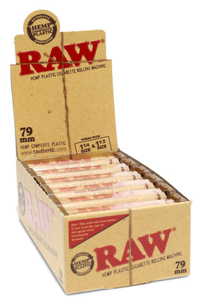 RAW 79 mm hemp plastic rolling machine display box with twelve king-size compatible rollers in kraft packaging, ready for retail shelves.