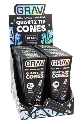 Alternate angle of black-paper GRAV quartz tip cones 16-count display with iridescent branding.