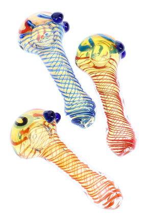 4″ color-changing spiral striped glass pipe with marble accents; compact spoon style; colors vary, sold individually.