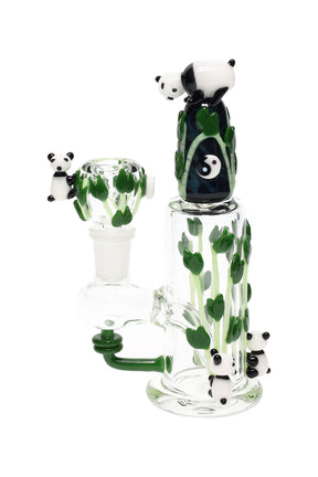 Panda-themed glass nano rig with climbing panda figures, bamboo accents, and matching 14.5 mm bowl