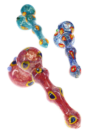 7½-inch color-changing silver-fumed frit glass hammer bubbler with spotted accents, side carb, and flat base; ships in assorted colors.