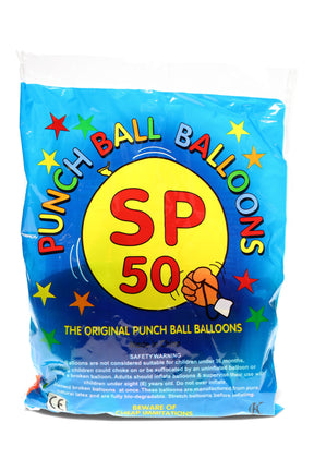 Blue bag labeled “Punch Ball Balloons SP 50,” packed with fifty assorted latex punch-ball balloons and colorful star graphics, front view.