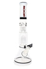 Clear ROOR Tech 14-inch beaker bong with white mouthpiece and black base accents, tree perc, ice pinch, glass-on-glass downstem and bowl.