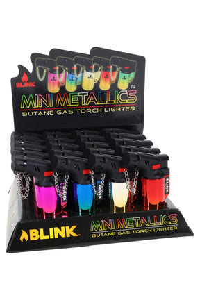 Display of 20 Blink mini metallic butane torch lighters with angled heads and gradient colors for precise everyday lighting.