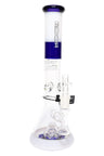ROOR Tech 14-inch multicolor beaker bong with showerhead perc, 5 mm thick borosilicate, glass-on-glass joint and matching bowl, white and cobalt accents.