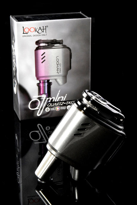 Gray Lookah Q7 Mini e-nail highlighting stainless cup coil and pocketable body, three-voltage presets shown.
