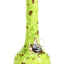 Lime green ceramic bong dotted with dark olive burst patterns, glossy finish reflecting light, front profile.