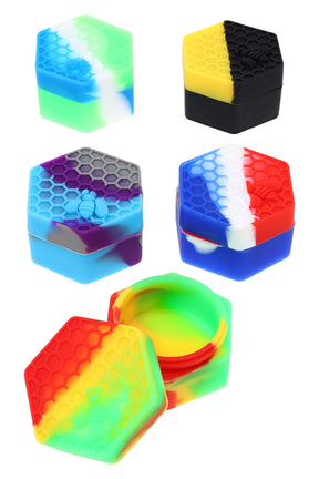 Assorted 2-inch silicone hexagon honeybee storage jar with honeycomb texture and bee accent in vibrant mixed colors