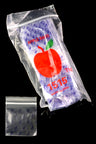 Clear 1.5-inch mini zip baggies featuring blue silhouette-woman print, packed in branded sleeve with loose sample below