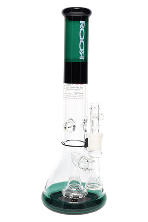ROOR Tech 14-inch multicolor beaker water pipe, dark green and black accents, internal showerhead perc and glass-on-glass bowl joint.