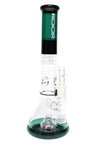 ROOR Tech 14-inch multicolor beaker water pipe, dark green and black accents, internal showerhead perc and glass-on-glass bowl joint.