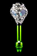 Green skull-base acrylic bong matched with black-and-white skull pattern decal gas mask.
