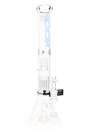 ROOR Tech 18″ clear beaker bong with blue decal, stemless intake, dome, barrel and showerhead percs, ice pinch, and sturdy beaker base.