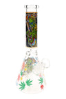 Rasta-style alien graphic beaker bong, 10″ glass with ice pinch and GoG fittings; assorted glow designs available.