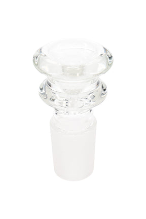 Low-profile clear glass bowl with 18.8 mm male ground joint and flared grip ring, a replacement slide for dry herb bongs.