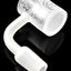 Close view of frosted etched quartz bucket showing flat rim and male joint; 90-degree bend on glossy black surface.
