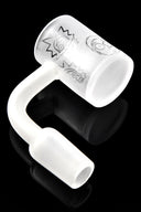 Close view of frosted etched quartz bucket showing flat rim and male joint; 90-degree bend on glossy black surface.