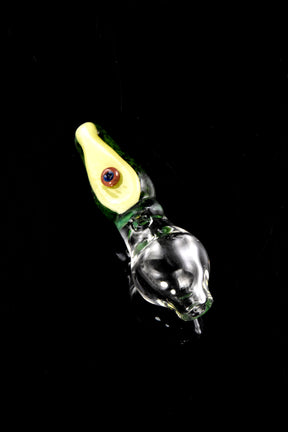 Avocado Peak Pro ball cap angled on black background, glossy green body and raised pit accent with clear cap section.