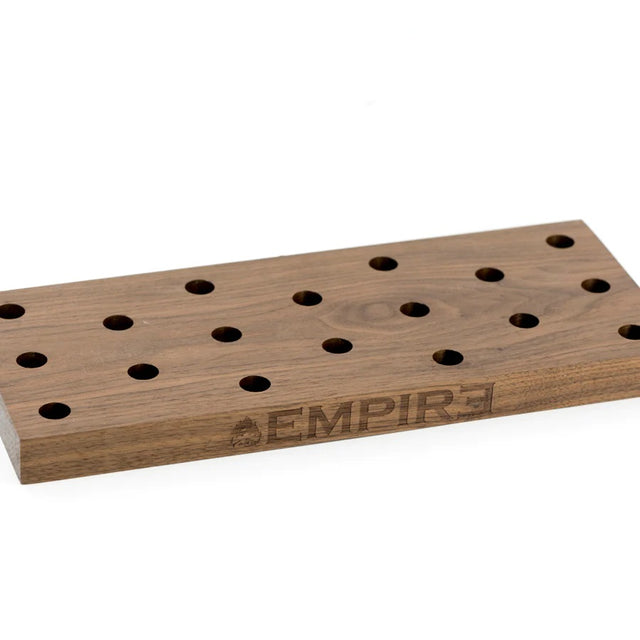 Walnut wooden bowl piece display with 18 drilled 14.5 mm sockets and laser-etched EMPIRE logo