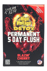 Front of High Voltage Permanent 5 Day Flush box, Blazin’ Cherry flavor, 2×16 oz liquid formula and five 6-count capsules.