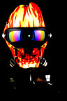 Gas mask bong with fiery flame mask design, mirrored goggles, and a connected acrylic water pipe and bowl.