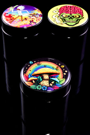 Trio of small black UV-blocking glass jars with assorted pop-culture sticker lids displayed on white backdrop, highlighting random design selection 