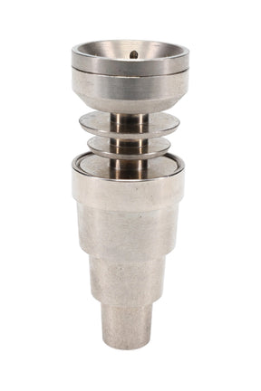 Universal stainless steel domeless nail with lid shown assembled, stepped body fits 10, 14, and 18 mm joints.