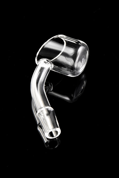 Clear quartz 45° male banger with domeless bucket and 2 mm walls, shown at an angle for beaker-style rigs.