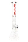 ROOR Tech clear 18″ stemless beaker bong showing multi-perc stack and ice catcher, 5 mm glass, red ROOR Tech decal, flared mouthpiece and beaker foot.