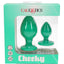 Cheeky two-piece silicone anal plug set in teal green with sturdy suction-cup bases, boxed with waterproof and textured features.