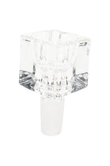 Crystal clear glass cube bowl slide, 14 mm male joint, sparkling transparency emphasized against a white studio background.