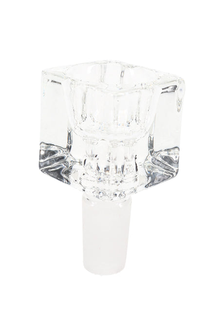 Crystal clear glass cube bowl slide, 14 mm male joint, sparkling transparency emphasized against a white studio background.