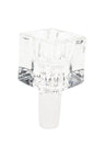 Crystal clear glass cube bowl slide, 14 mm male joint, sparkling transparency emphasized against a white studio background.