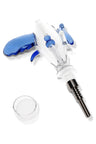 Glass ray-gun dab straw kit with blue grips, screw-on metal tip, and separate quartz dish; ergonomic 8-inch concentrate straw.